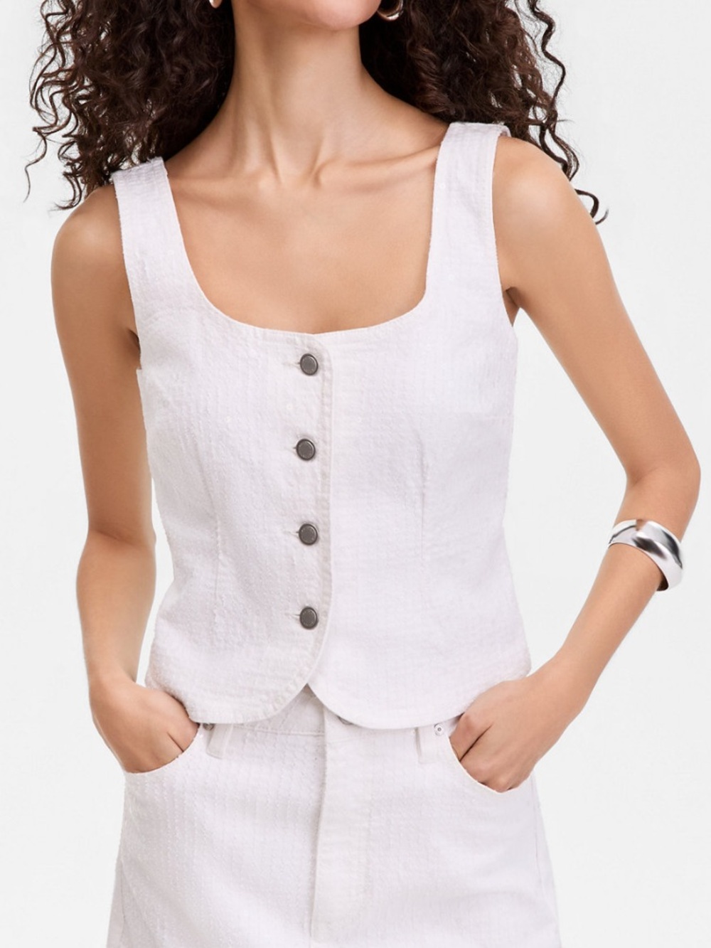 INC International Concepts White Button-Front Square-Neck Tank